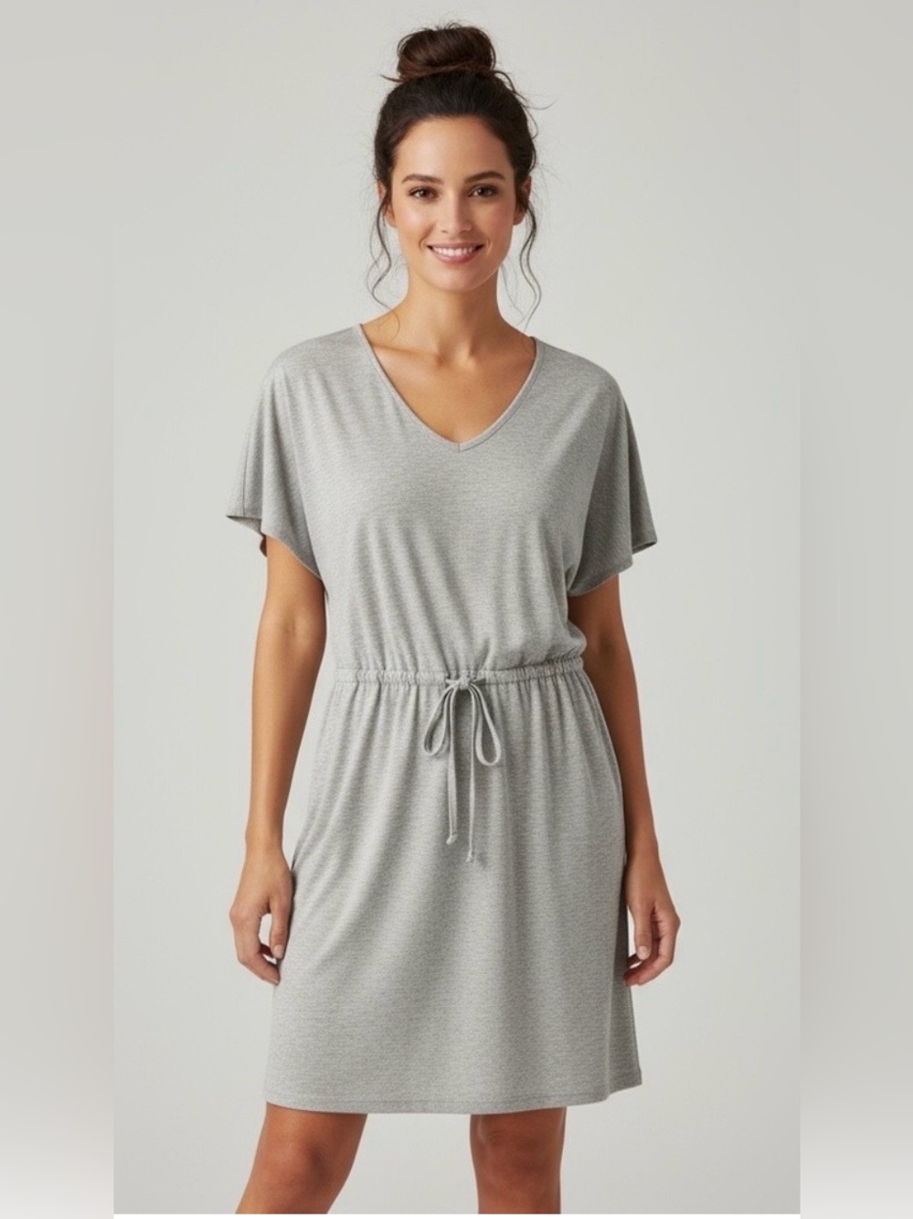 GAP Cotton V-Neck Drawstring Waist Dress — Heather Gray - Size XL